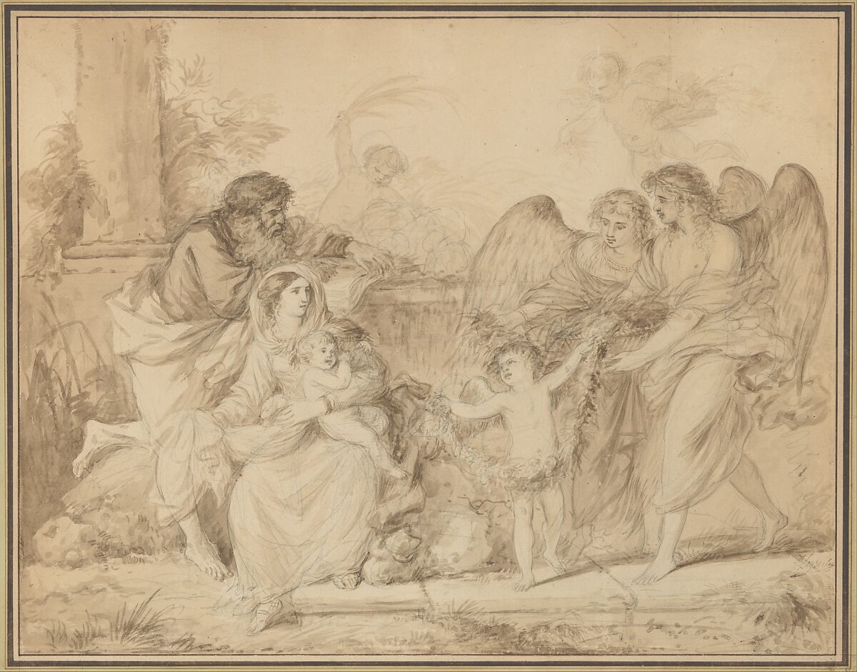 Rest on the Flight into Egypt, Jean Jacques Lagrenée (French, Paris 1739–1821 Paris), Brush and brown wash over black chalk 