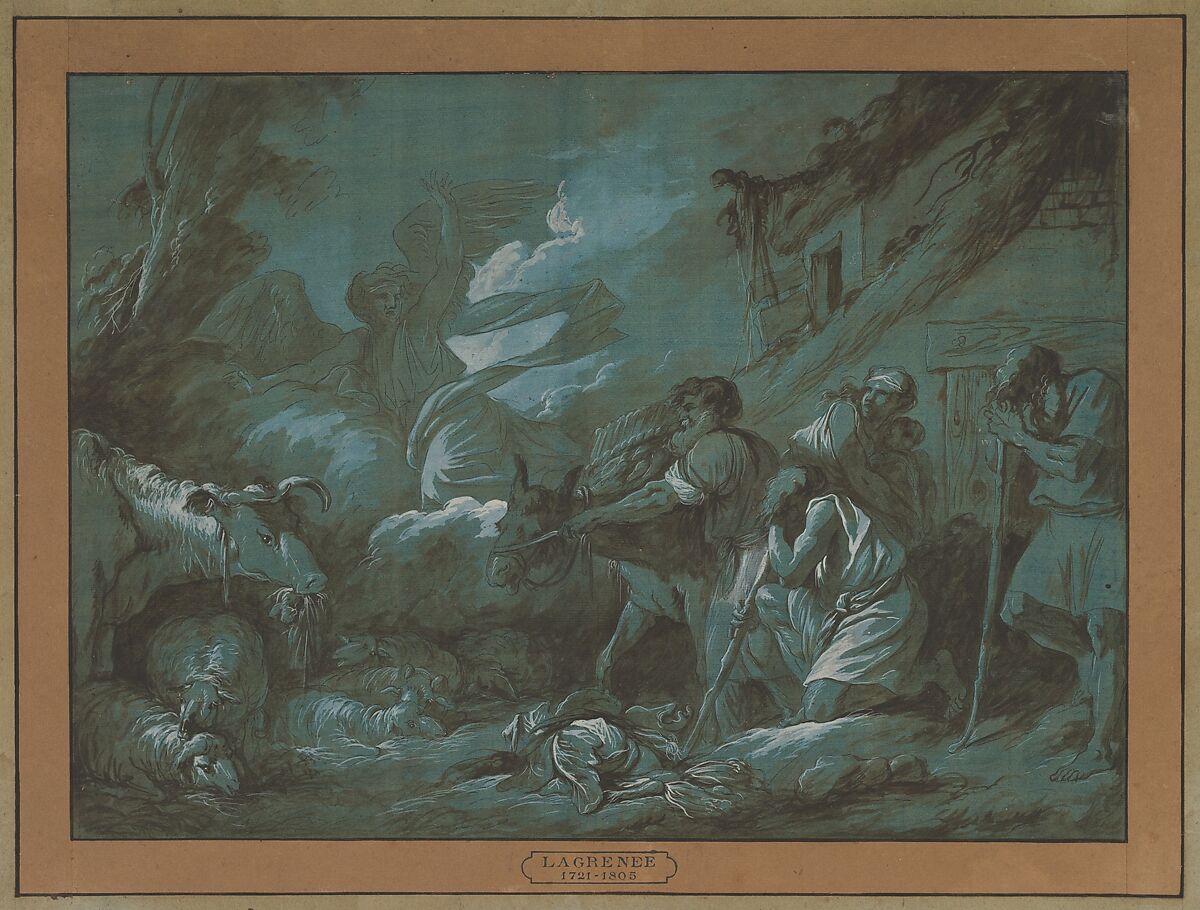 Annunciation to the Shepherds, Jean Jacques Lagrenée (French, Paris 1739–1821 Paris), Pen and brown ink, brush and brown wash, heightened with white, on blue-washed paper 