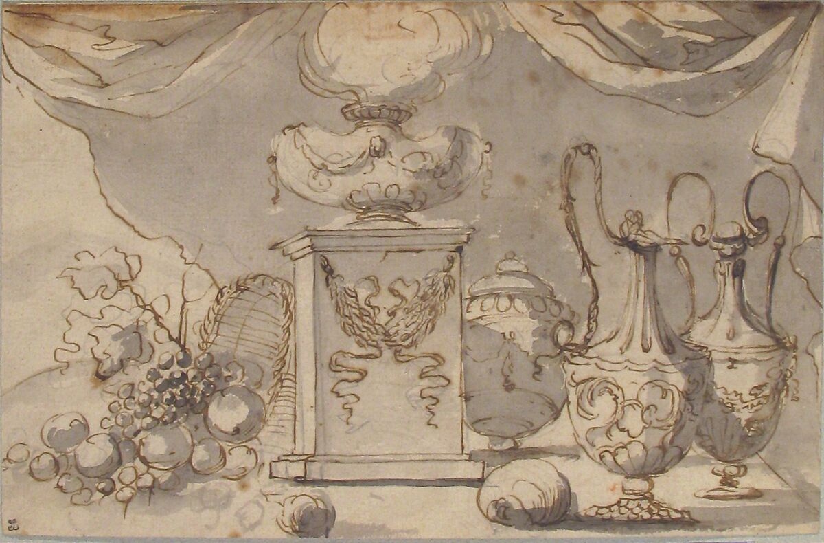 Still Life:  Vases, a Cassolette on a Pedestal, and an Overturned Basket of Fruit, Jean Jacques Lagrenée (French, Paris 1739–1821 Paris), Pen and brown ink, brush and gray wash, over graphite