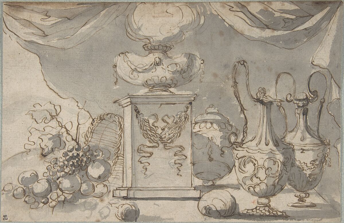 Still Life:  Vases, a Cassolette on a Pedestal, and an Overturned Basket of Fruit, Jean Jacques Lagrenée (French, Paris 1739–1821 Paris), Pen and brown ink, brush and gray wash, over graphite 