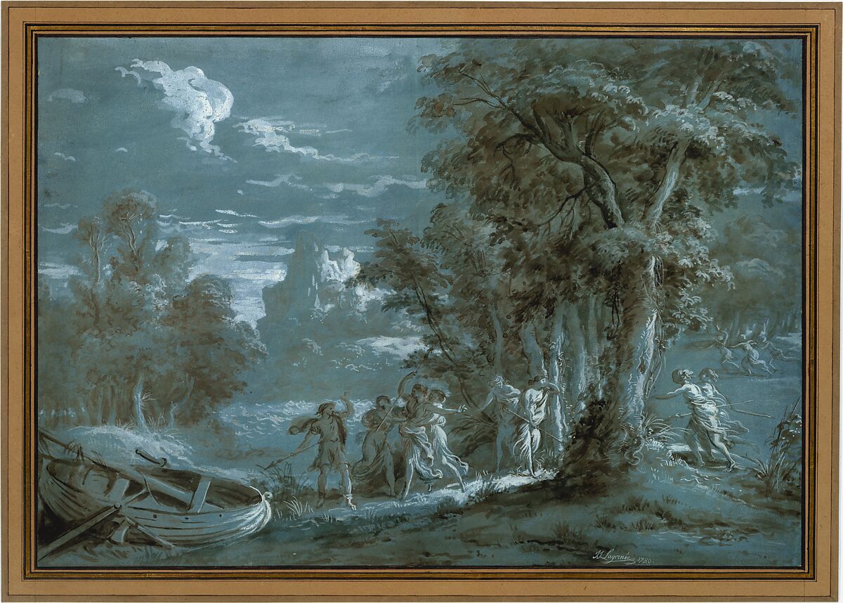 Landscape with a Scene from Fénelon's Télémaque, Jean Jacques Lagrenée (French, Paris 1739–1821 Paris), Brush and brown wash, white gouache, on blue-washed paper 