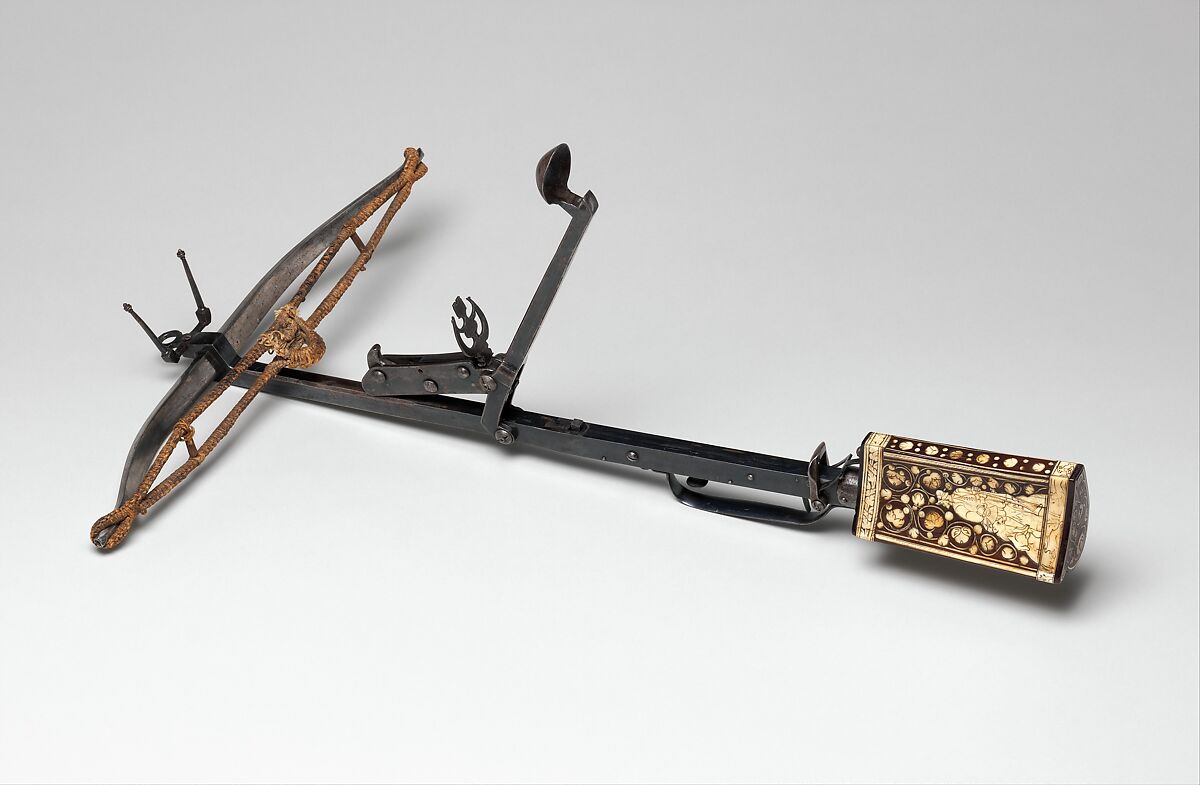 Pellet Crossbow, Steel, wood, staghorn, hemp, leather, German