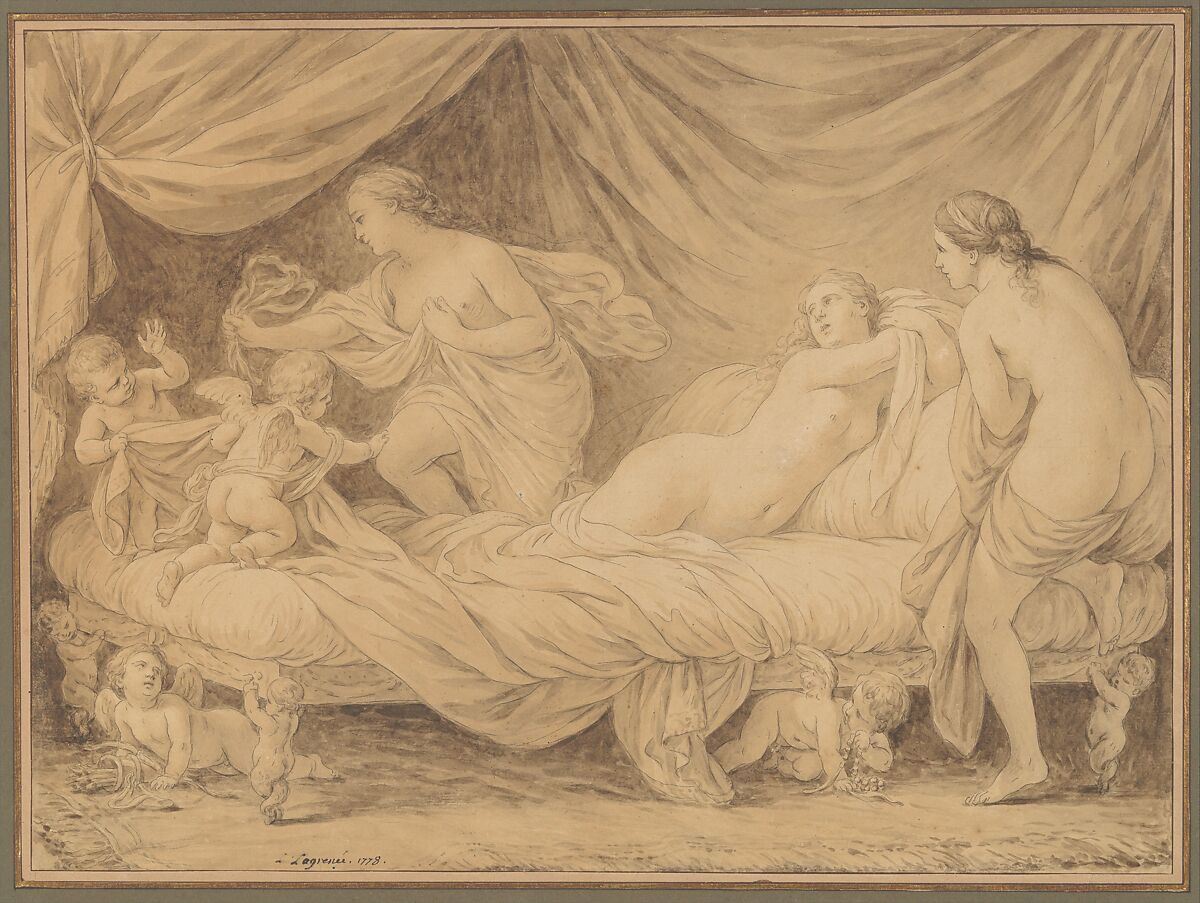 Les Grâces lutinées par les amours, Louis Lagrenée (French, Paris 1725–1805 Paris), Pen and brown ink, brush and brown wash, over traces of black chalk 