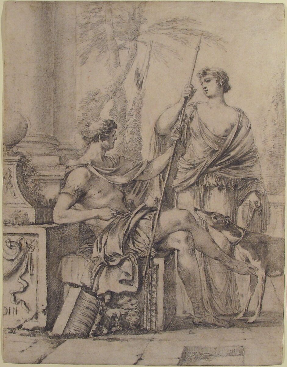 Cephalus Receiving the Spear and Hound from Procris, Laurent de La Hyre (French, Paris 1606–1656 Paris), Black chalk, brush and gray wash