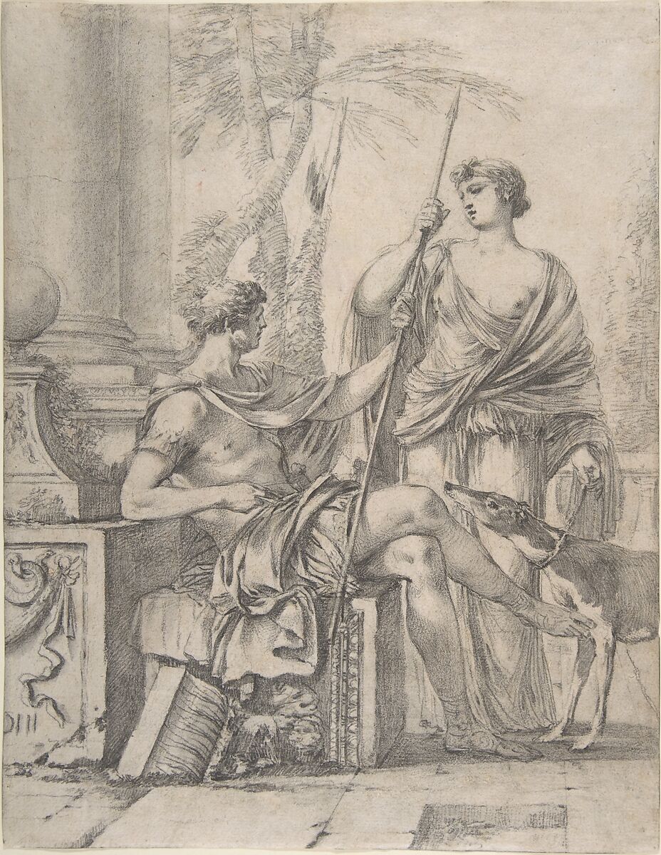 Cephalus Receiving the Spear and Hound from Procris, Laurent de La Hyre (French, Paris 1606–1656 Paris), Black chalk, brush and gray wash 