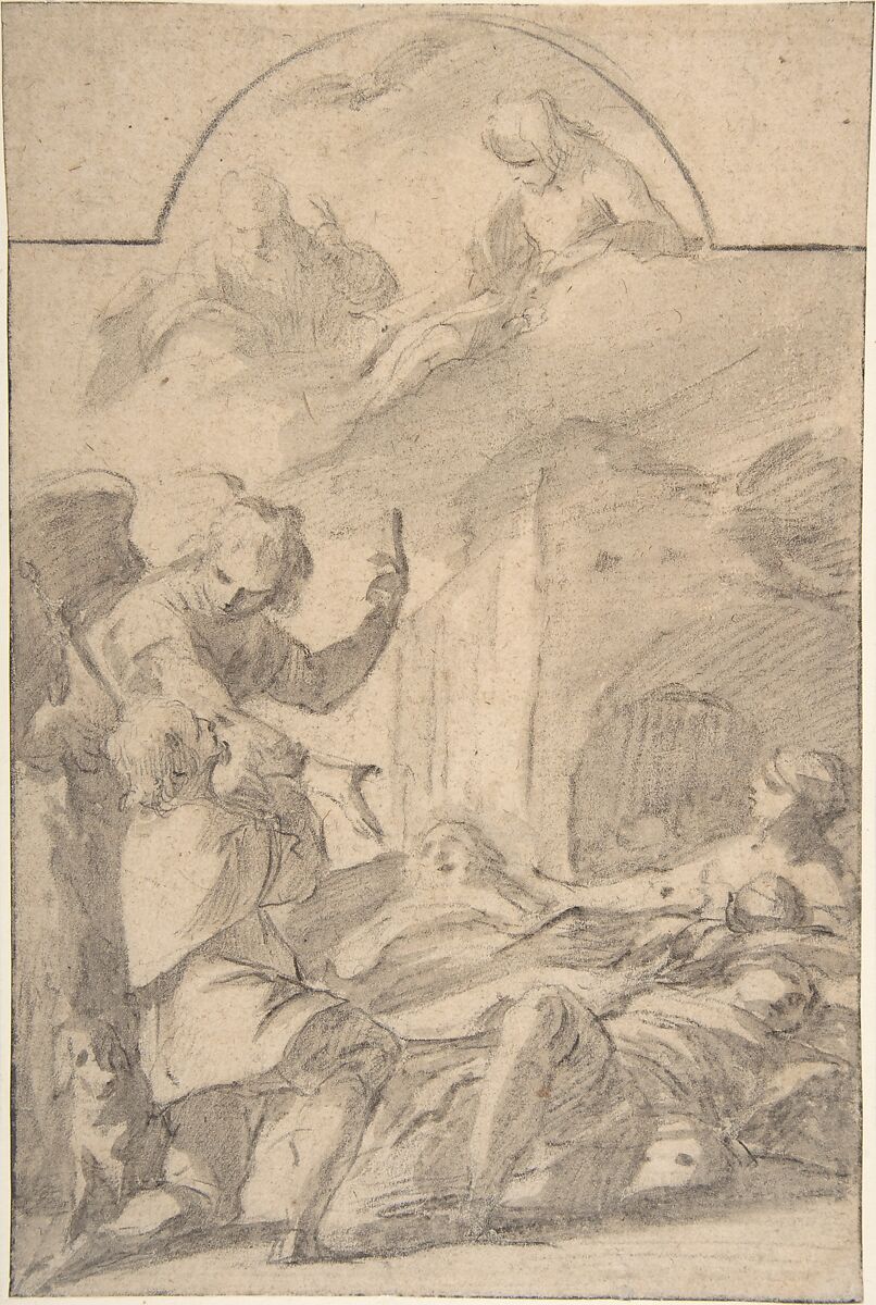 St. Roch Interceding before the Holy Trinity for Plague Victims, Laurent de La Hyre (French, Paris 1606–1656 Paris), Black chalk, brush and gray wash 