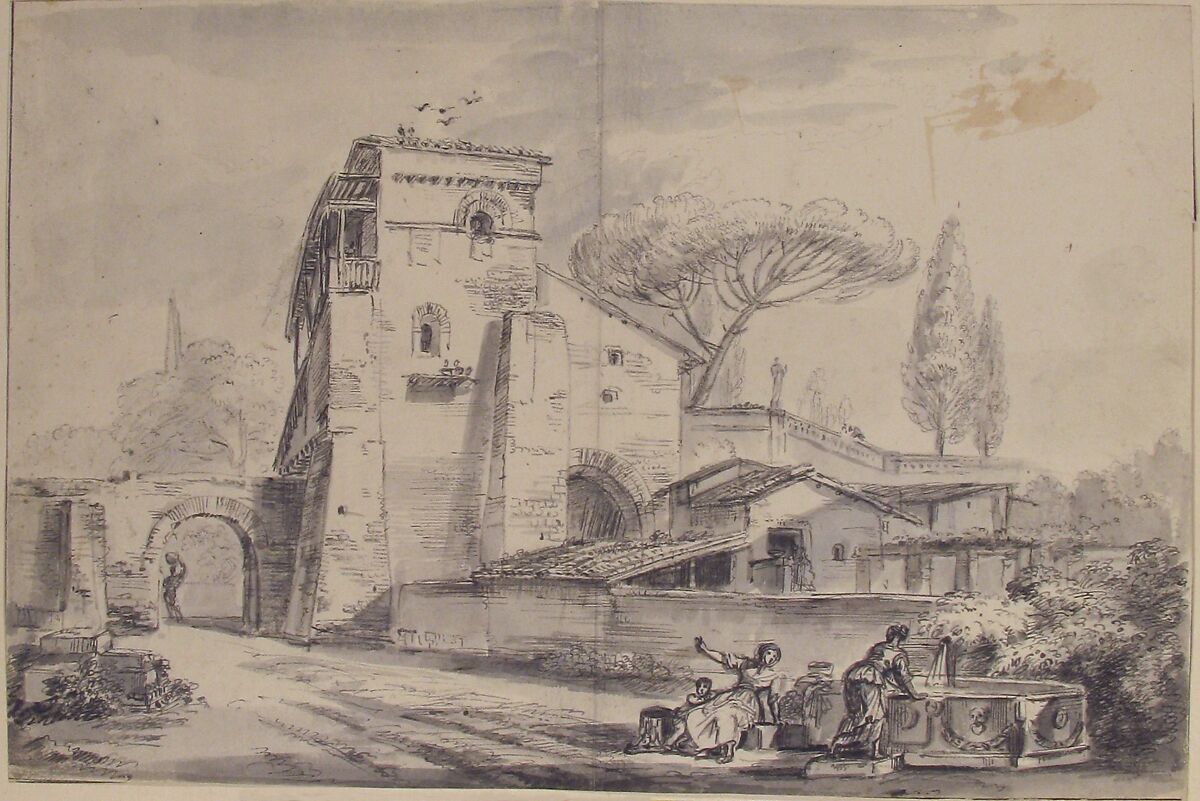 Italian Country House Beside a Road, Jean-Baptiste Lallemand (French, Dijon 1716–1803/5 Paris), Pen and black ink, gray wash over black chalk