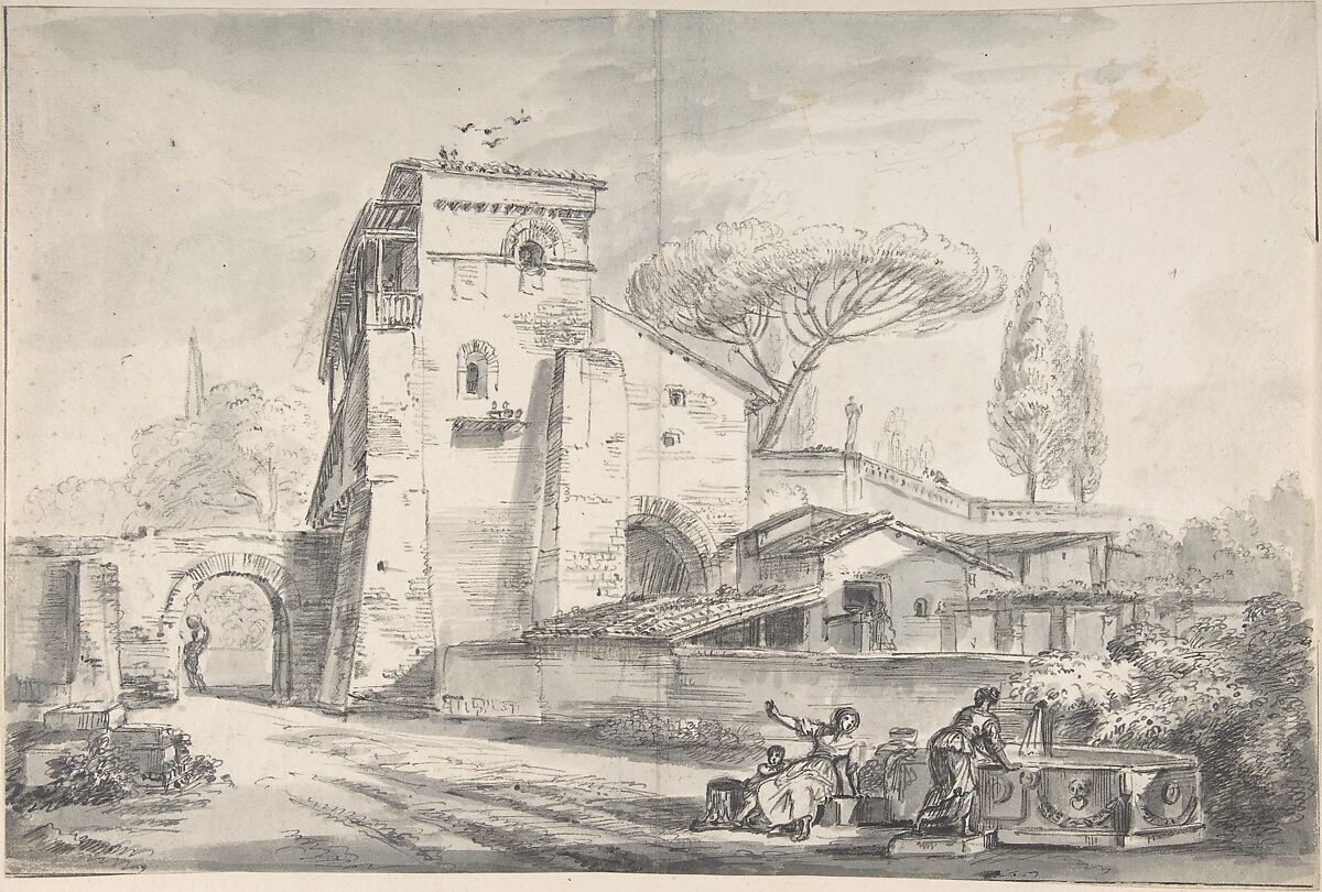 Italian Country House Beside a Road, Jean-Baptiste Lallemand (French, Dijon 1716–1803/5 Paris), Pen and black ink, gray wash over black chalk 