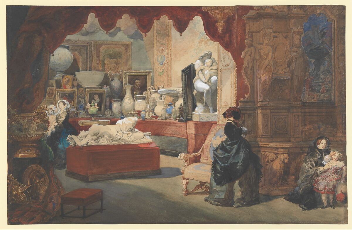 Interior of a Museum, Eugène-Louis Lami (French, Paris 1800–1890 Paris), Watercolor (recto);  graphite (verso) 