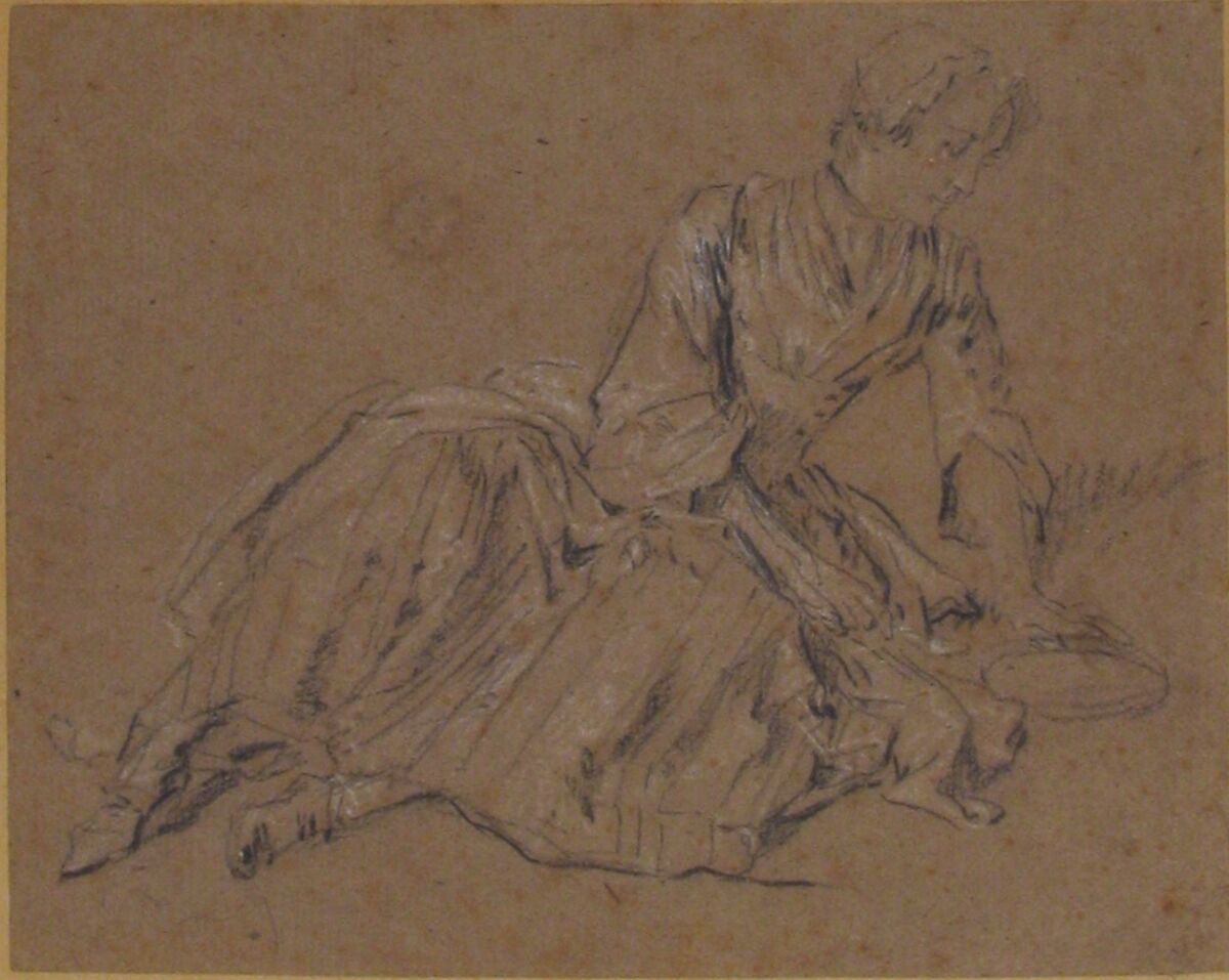 Woman Seated on the Ground, Nicolas Lancret (French, Paris 1690–1743 Paris), Black and white chalk on brownish paper