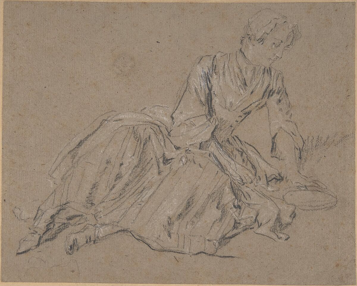 Woman Seated on the Ground, Nicolas Lancret (French, Paris 1690–1743 Paris), Black and white chalk on brownish paper 
