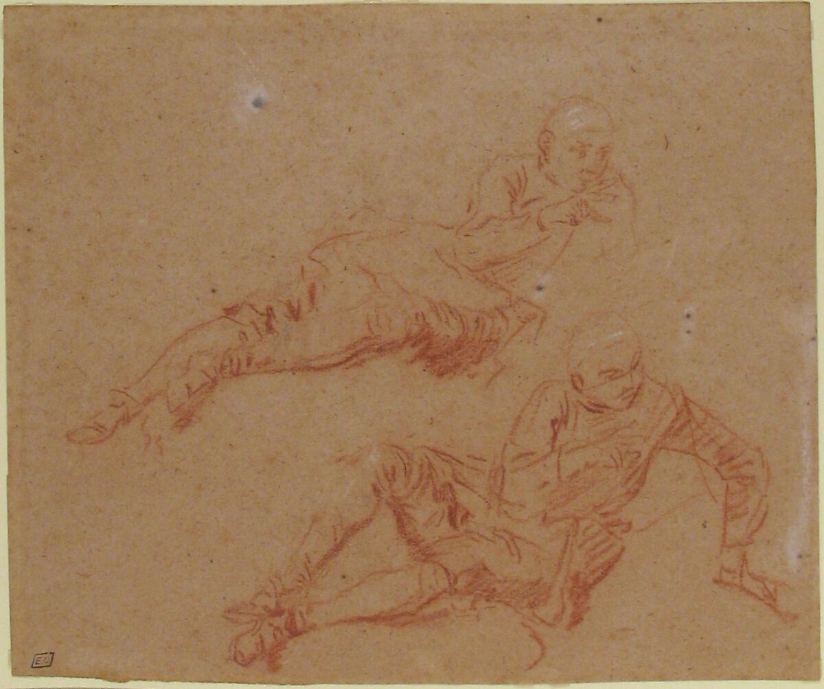 Two Studies of Reclining Youth, Nicolas Lancret (French, Paris 1690–1743 Paris), Red chalk, heightened with a little white, on beige paper