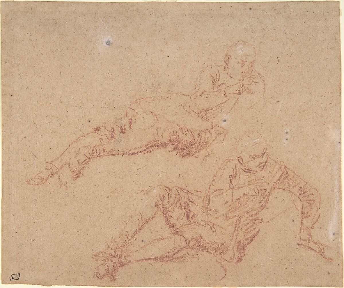 Two Studies of Reclining Youth, Nicolas Lancret (French, Paris 1690–1743 Paris), Red chalk, heightened with a little white, on beige paper 