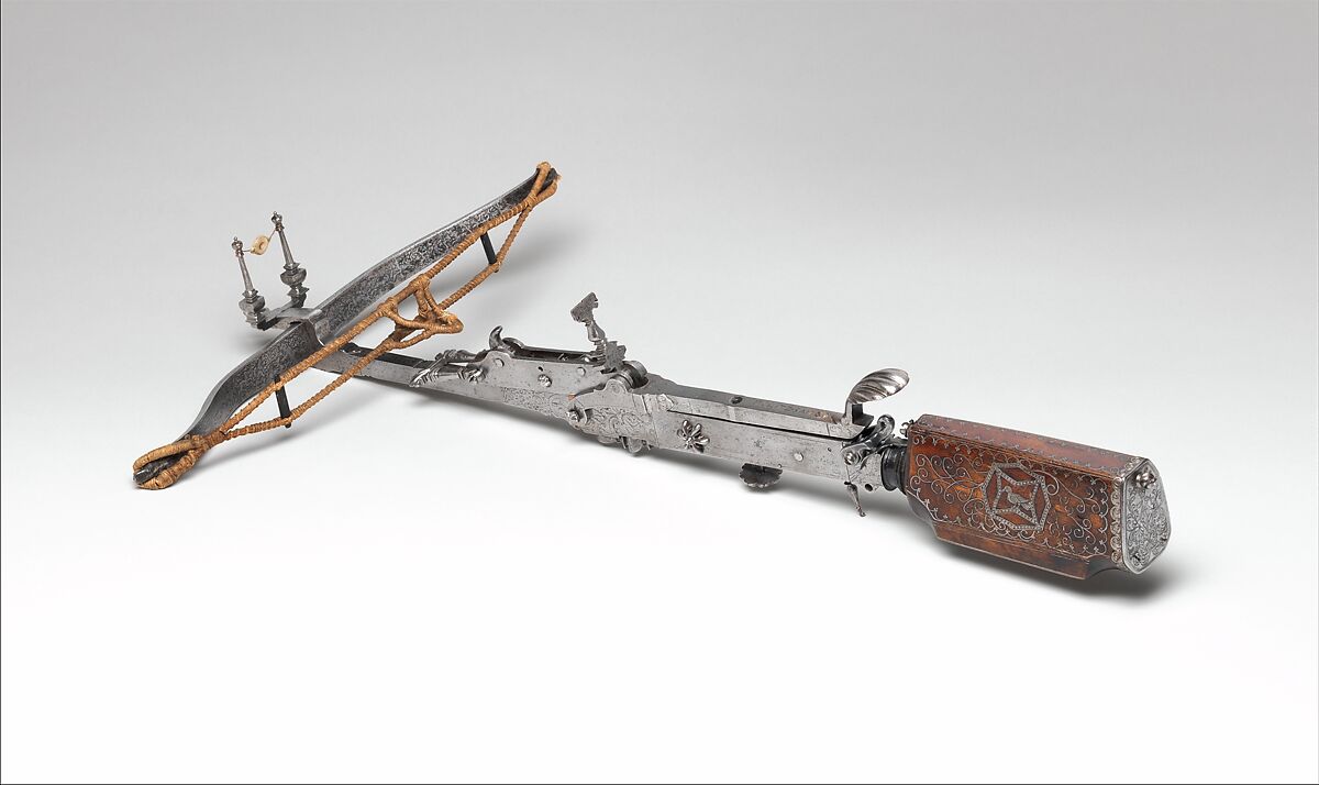 Pellet Crossbow, Steel, wood (probably maple), gold, iron alloy, German 