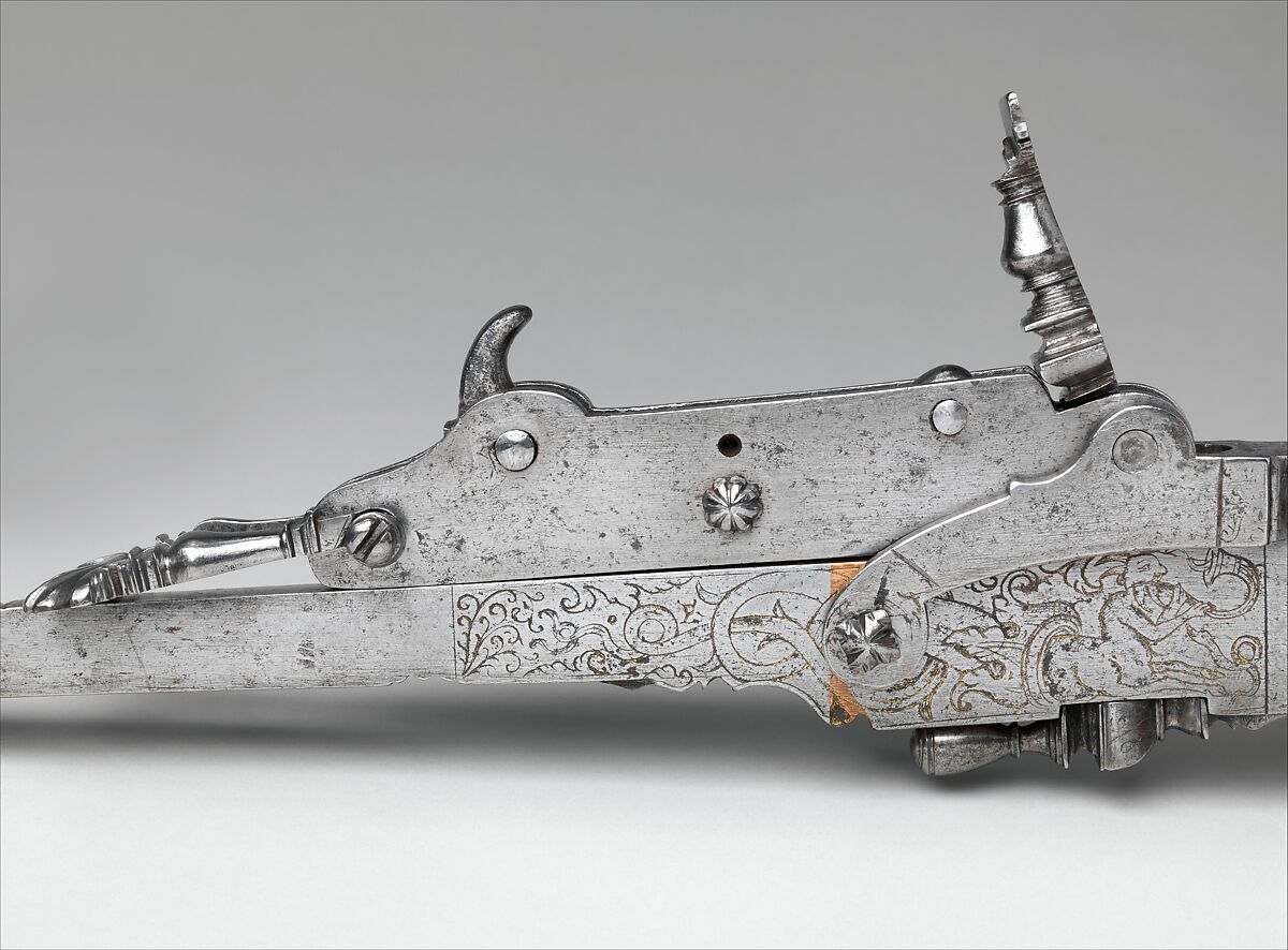 Pellet Crossbow, Steel, wood (probably maple), gold, iron alloy, German