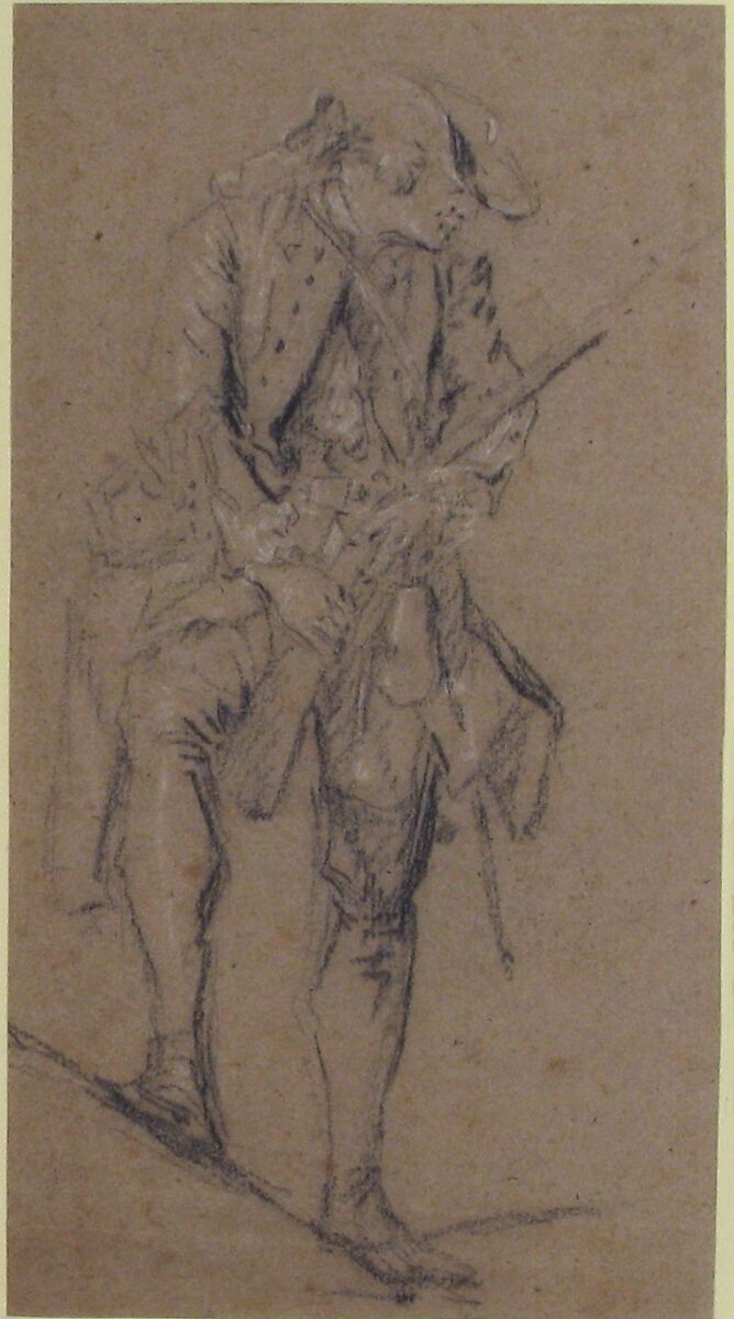 Standing Hunter Holding a Rifle, Nicolas Lancret (French, Paris 1690–1743 Paris), Black chalk, heightened with white on brownish paper.