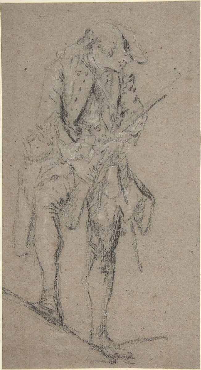 Standing Hunter Holding a Rifle, Nicolas Lancret (French, Paris 1690–1743 Paris), Black chalk, heightened with white on brownish paper. 
