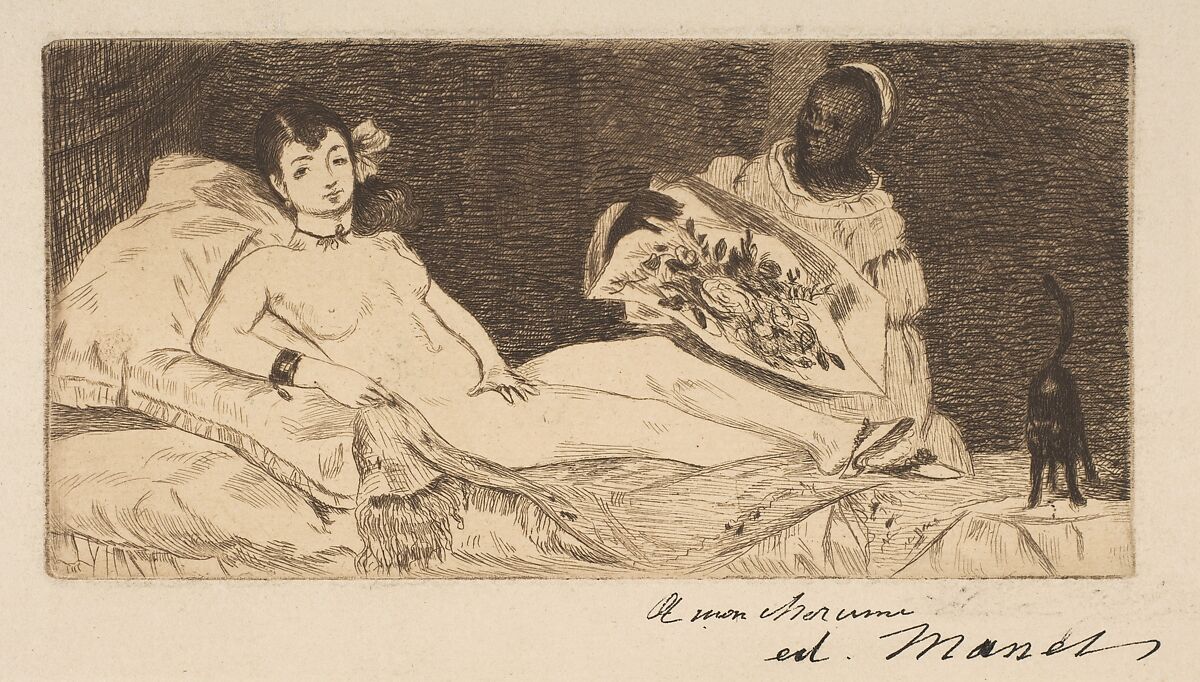 Olympia (small plate), Edouard Manet (French, Paris 1832–1883 Paris), Etching in brown ink on laid paper with partial watermark (fleur de lis in a cartouche), final state of six 