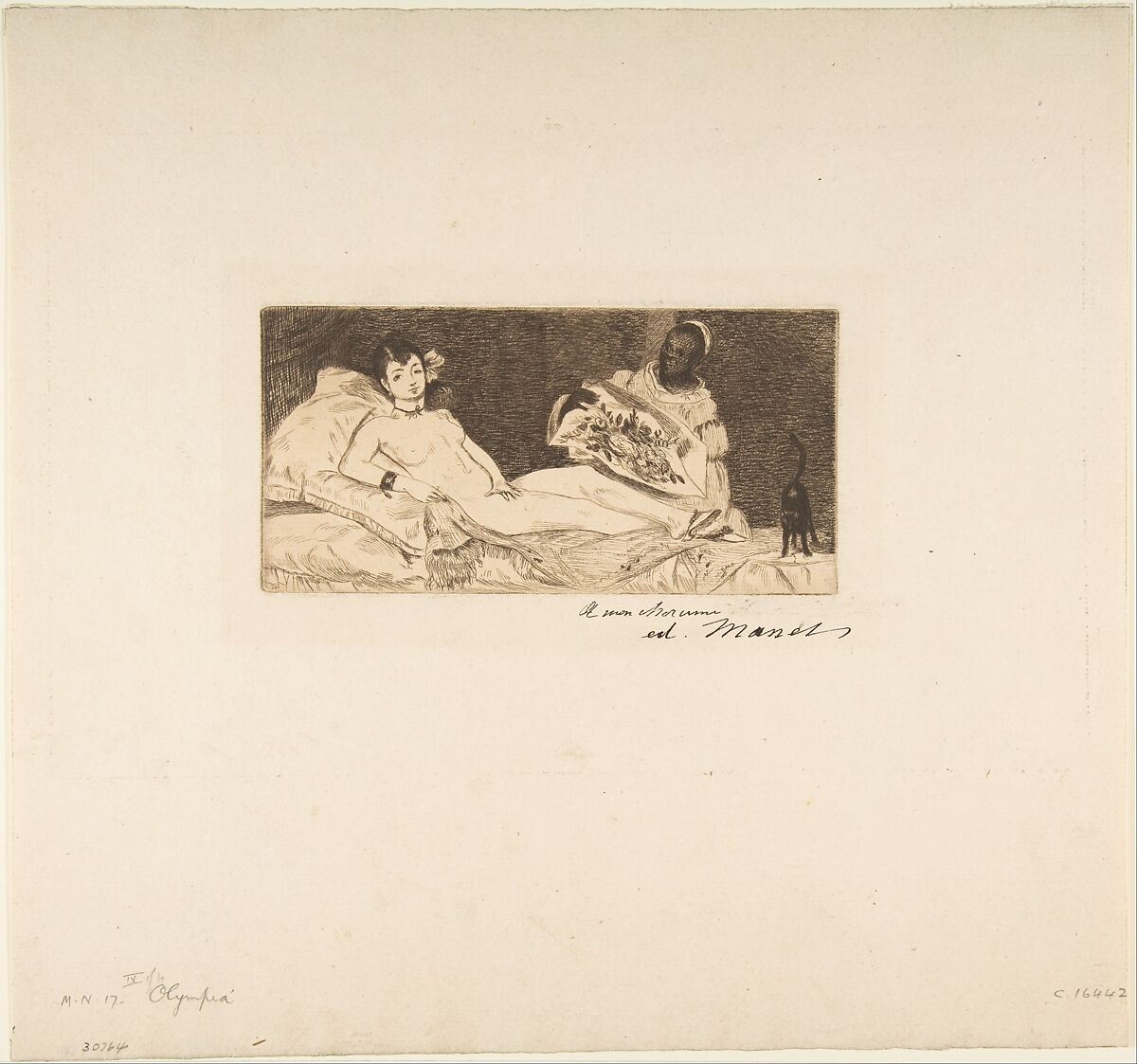 Olympia (small plate), Edouard Manet (French, Paris 1832–1883 Paris), Etching in brown ink on laid paper with partial watermark (fleur de lis in a cartouche), final state of six