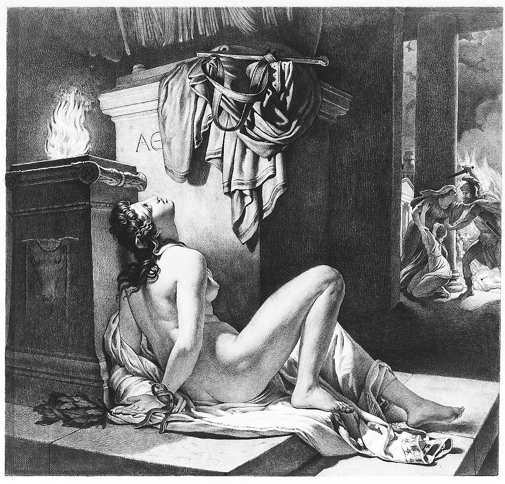 Cassandra Imploring Athena for Revenge Against Ajax, Jérôme Martin Langlois (French, Paris 1779–1838 Paris), Black and colored chalk with watercolor and lead white paint