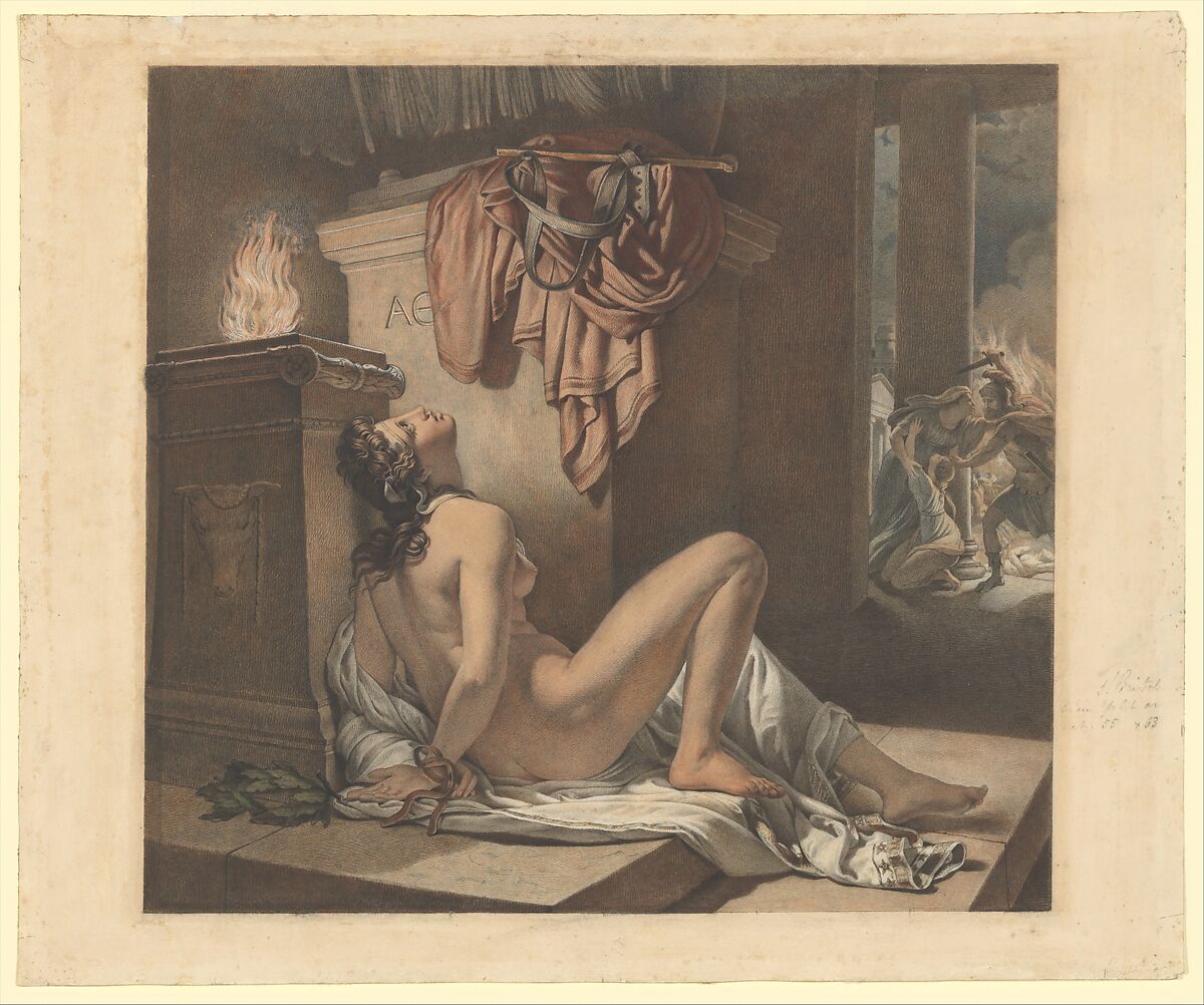 Cassandra Imploring Athena for Revenge Against Ajax, Jérôme Martin Langlois (French, Paris 1779–1838 Paris), Black and colored chalk with watercolor and lead white paint 