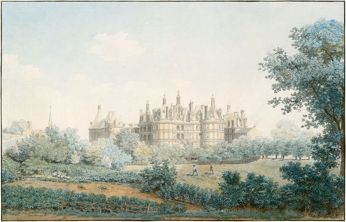 The Château of Chambord Seen from the Southwest, Simon Mathurin Lantara (French, Oncy 1729–1778 Paris), Pen and gray ink, watercolor, over traces of graphite