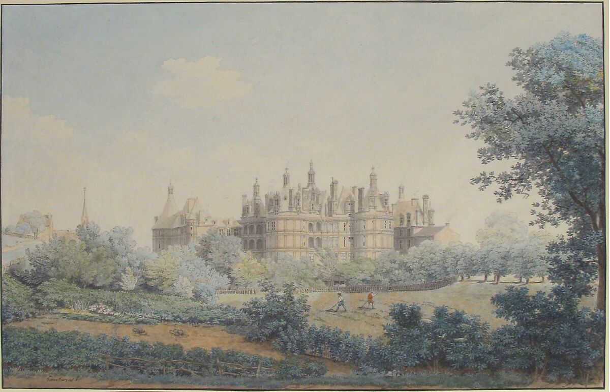 The Château of Chambord Seen from the Southwest, Simon Mathurin Lantara (French, Oncy 1729–1778 Paris), Pen and gray ink, watercolor, over traces of graphite