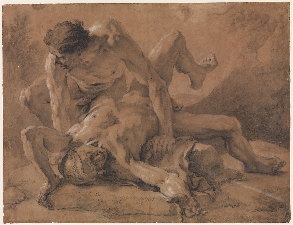 Two Nude Male Figures Struggling Together, Nicolas de Largillierre (or Largillière) (French, Paris 1656–1746 Paris), Charcoal, stumped, black and white chalk on brownish paper 