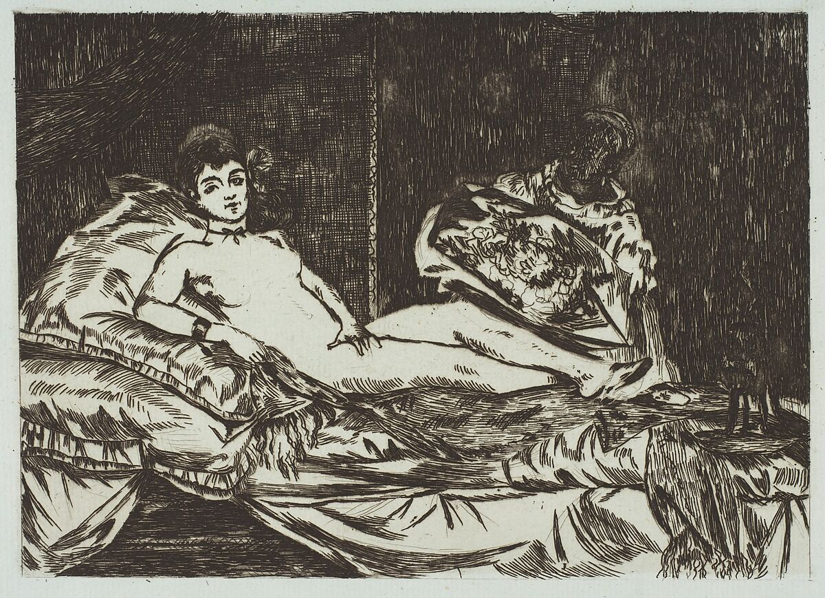 Olympia (large plate), Edouard Manet (French, Paris 1832–1883 Paris), Etching on blue laid paper, third and final state 