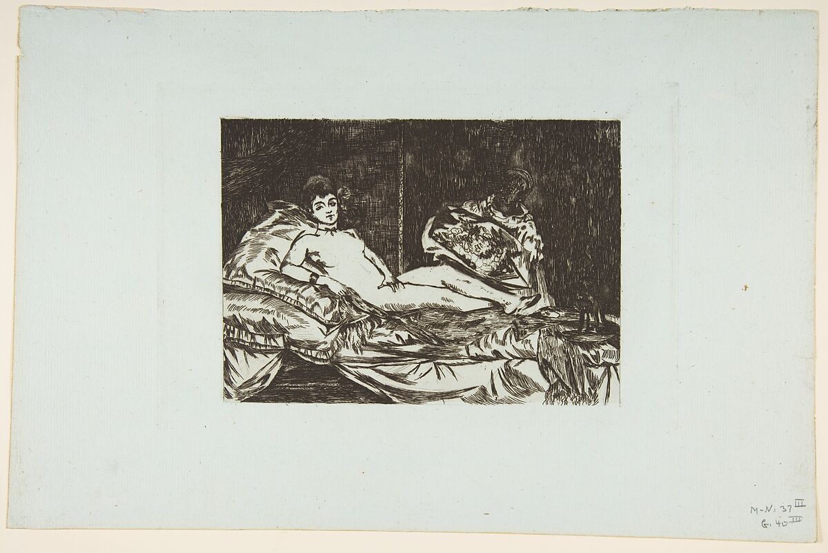 Olympia (large plate), Edouard Manet (French, Paris 1832–1883 Paris), Etching on blue laid paper, third and final state