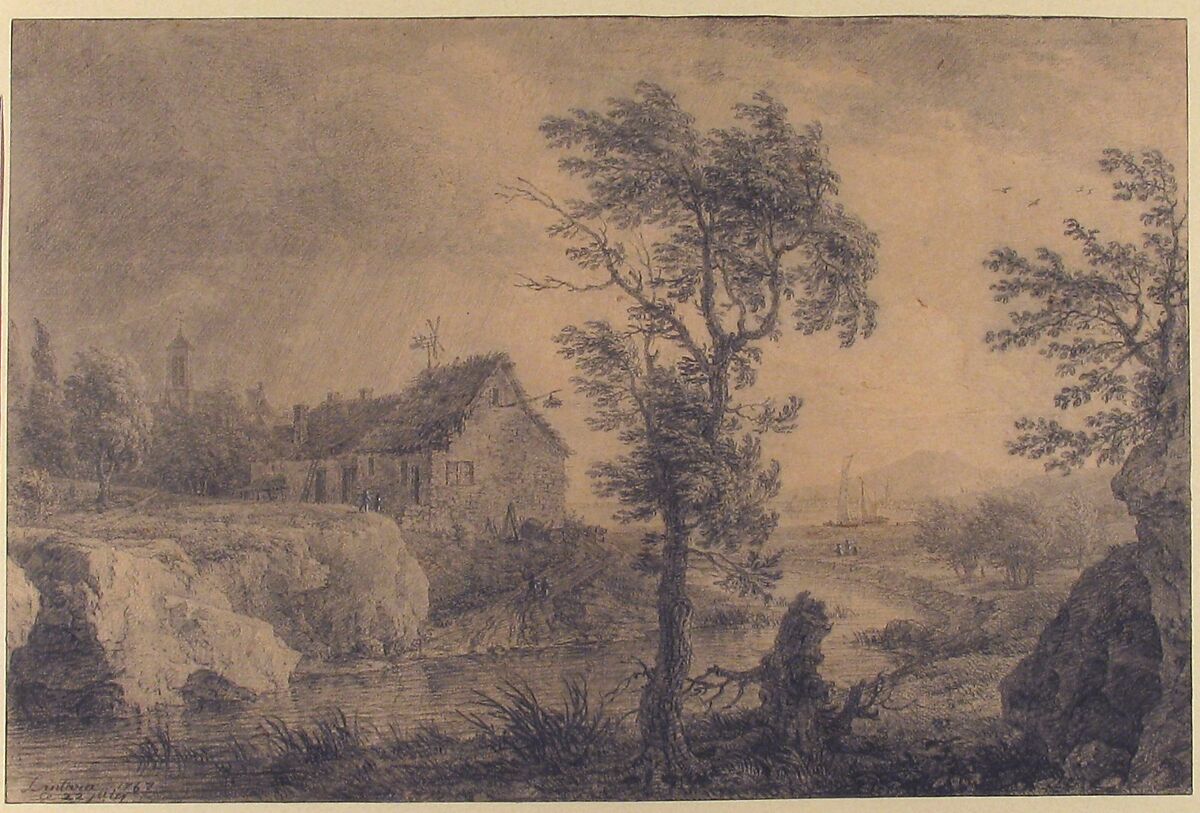 The Bend in the River, Simon Mathurin Lantara (French, Oncy 1729–1778 Paris), Black chalk with touches of white gouache on figures, touches of pen and brown ink, on light brown paper