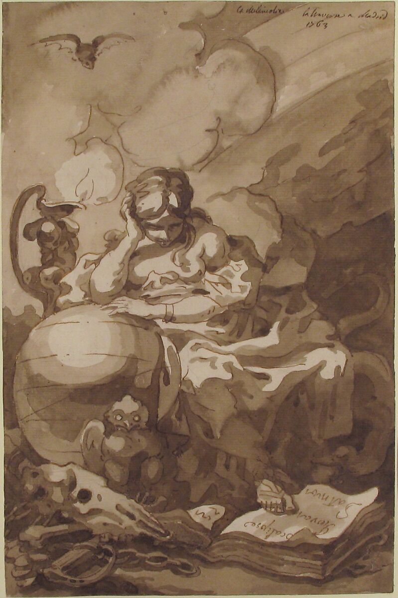 Allegorical Figure of Melancholy, Charles de La Traverse (French, Paris 1726–1787 Paris), Pen and brown ink, brush and brown wash, over black chalk