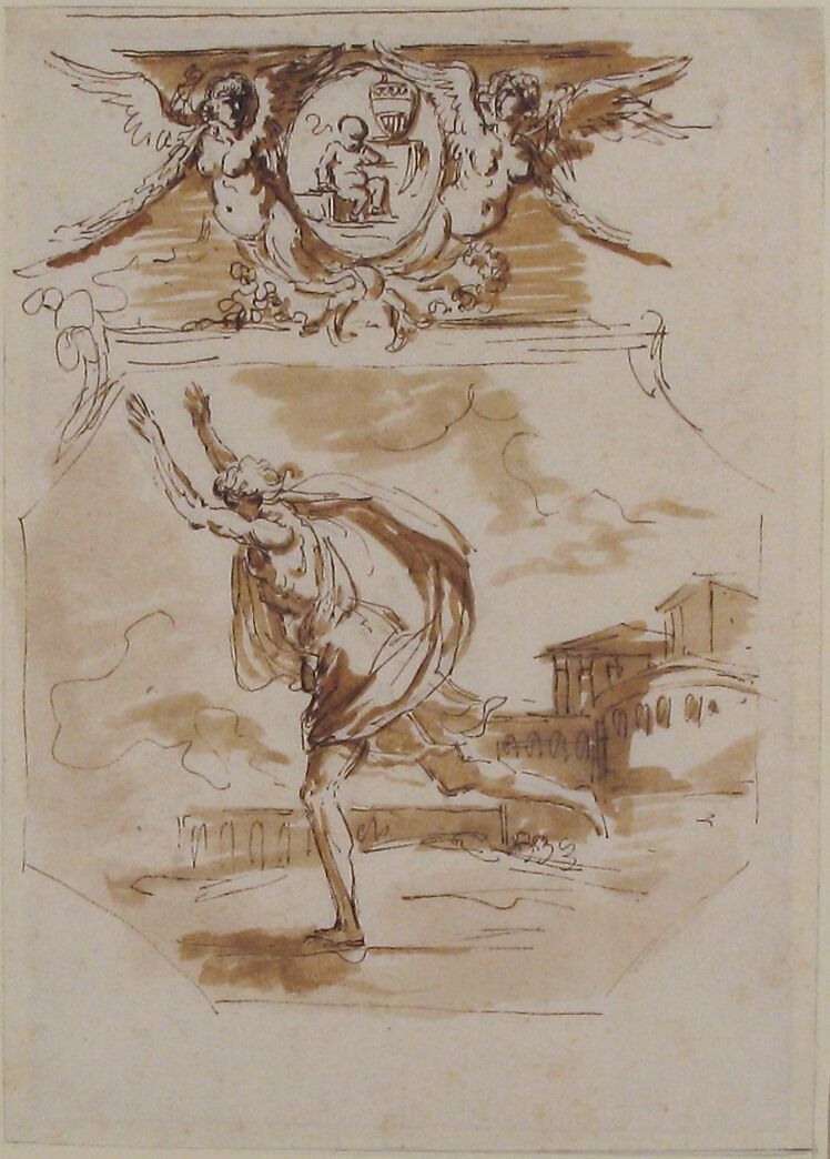 Draped Man Running; Cartouche Supported by Two Winged Victories, Etienne de Lavallée-Poussin (French, Rouen 1733–1793 Paris), Pen and brown ink, brush and brown wash, over traces of black chalk