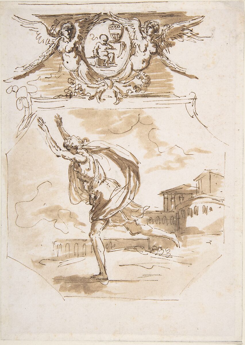 Draped Man Running; Cartouche Supported by Two Winged Victories, Etienne de Lavallée-Poussin (French, Rouen 1733–1793 Paris), Pen and brown ink, brush and brown wash, over traces of black chalk 