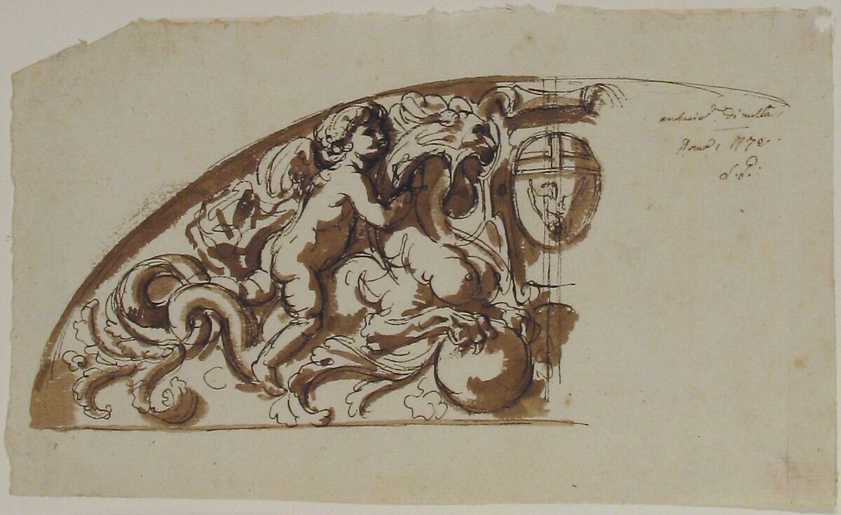 Half Lunette with Putto and Monster, Etienne de Lavallée-Poussin (French, Rouen 1733–1793 Paris), Pen and brown wash