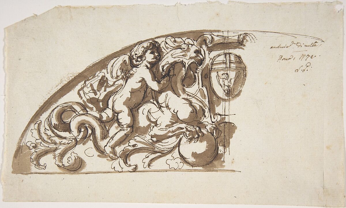 Half Lunette with Putto and Monster, Etienne de Lavallée-Poussin (French, Rouen 1733–1793 Paris), Pen and brown wash 