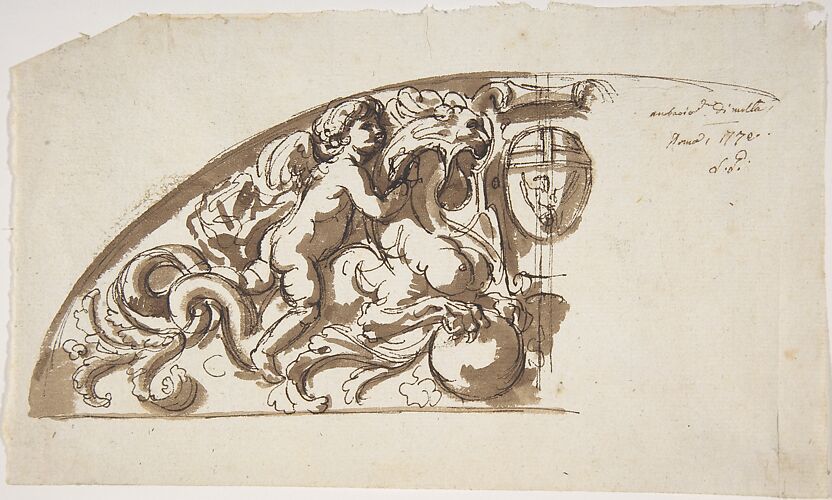 Half Lunette with Putto and Monster