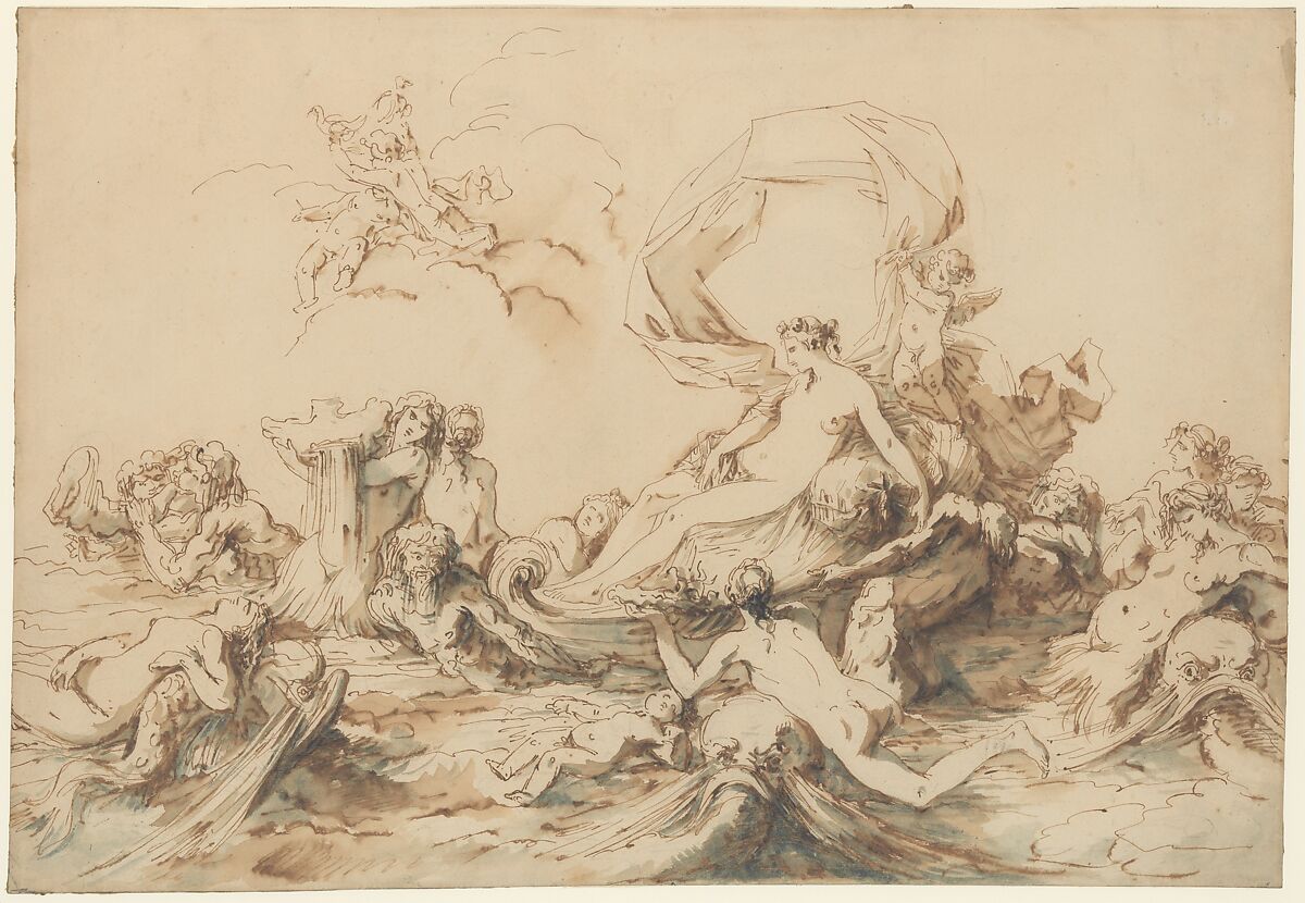 The Triumph of Venus, André Lebrun (French, Paris 1737–1811 Wilna), Pen and brown ink, brush and  brown and gray-green wash, over black chalk