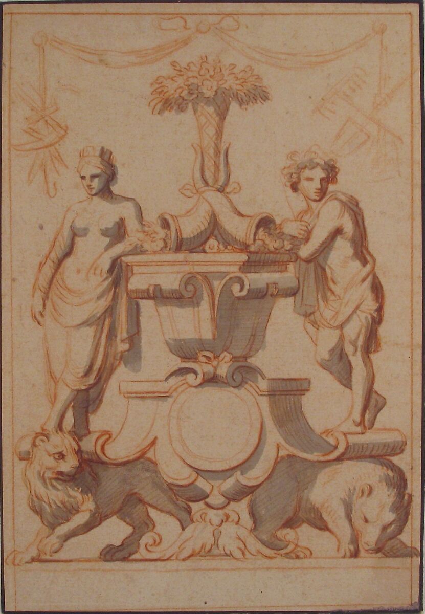 Allegory of Earth, circle of Charles Le Brun (French, Paris 1619–1690 Paris), Brush and gray wash, over red chalk; framing lines in pen and brown ink