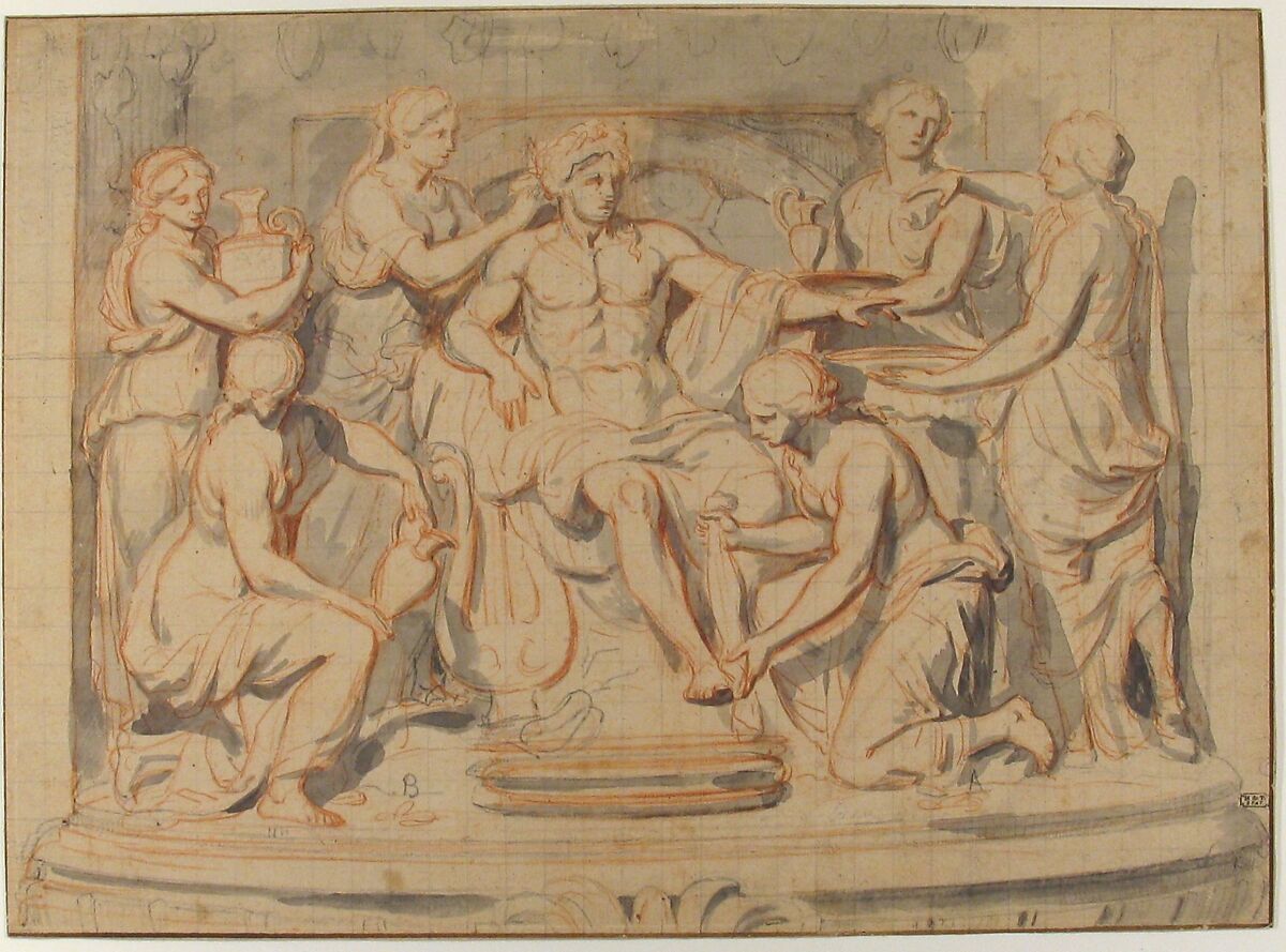 Apollo Bathing, Attended by the Nymphs of Thetis, Charles Le Brun (French, Paris 1619–1690 Paris), Brush and gray wash, over red and black chalk; squared in black chalk; framing lines in pen and brown ink