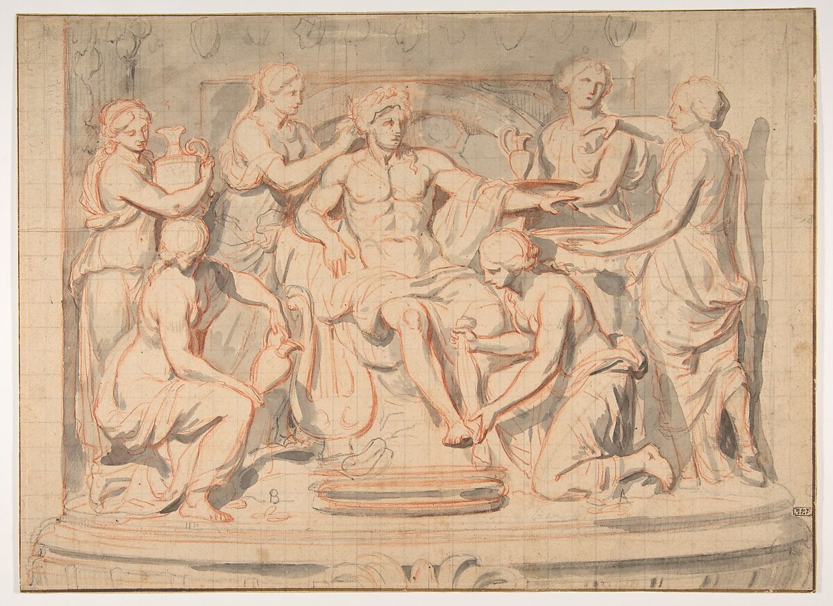 Apollo Bathing, Attended by the Nymphs of Thetis, Charles Le Brun (French, Paris 1619–1690 Paris), Brush and gray wash, over red and black chalk; squared in black chalk; framing lines in pen and brown ink 