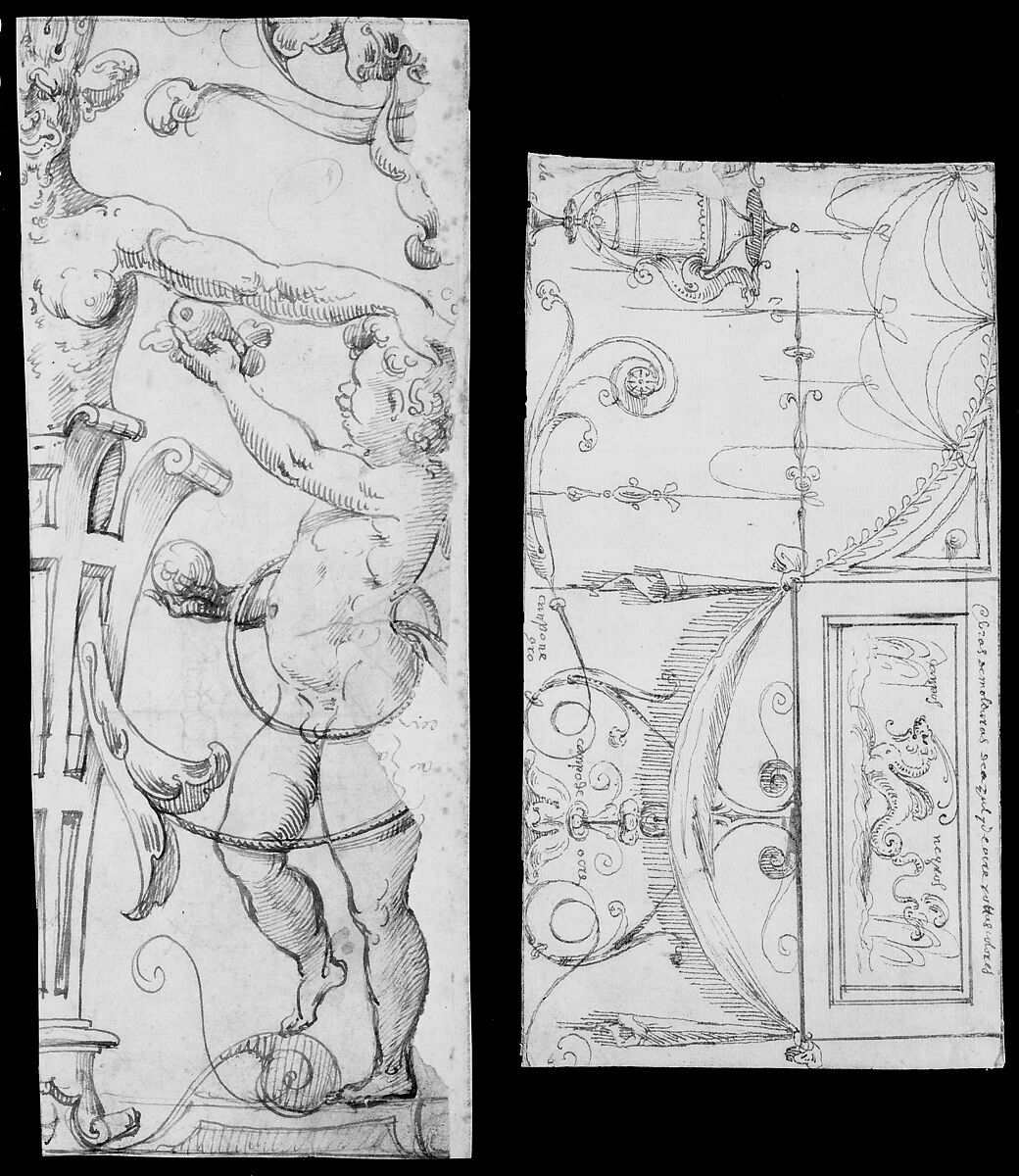 Fragment of a Grotesque Decoration with a Term and Putto, attributed to Andrés de Melgar (Spanish, documented S. Domingo de la Calzada, died after 1554), Pen and dark brown ink, and some brush and brown wash (recto); pen and dark brown ink with brush and brown wash, over black chalk (verso)