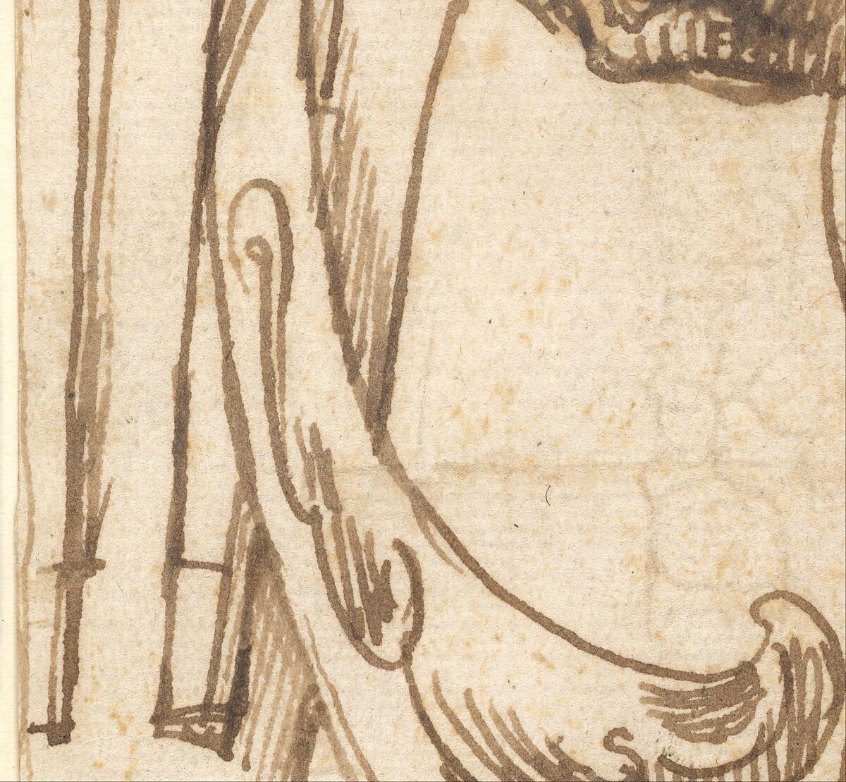 Fragment of a Grotesque Decoration with a Term and Putto, attributed to Andrés de Melgar (Spanish, documented S. Domingo de la Calzada, died after 1554), Pen and dark brown ink, and some brush and brown wash (recto); pen and dark brown ink with brush and brown wash, over black chalk (verso)