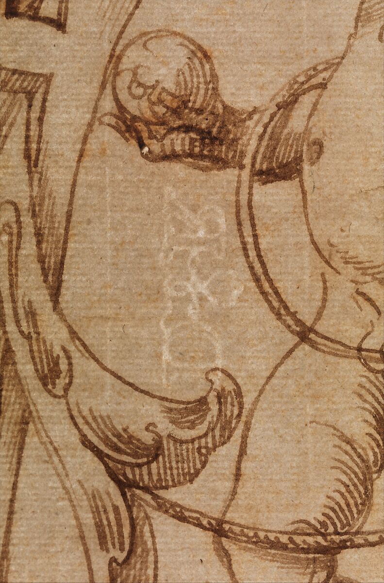 Fragment of a Grotesque Decoration with a Term and Putto, attributed to Andrés de Melgar (Spanish, documented S. Domingo de la Calzada, died after 1554), Pen and dark brown ink, and some brush and brown wash (recto); pen and dark brown ink with brush and brown wash, over black chalk (verso)