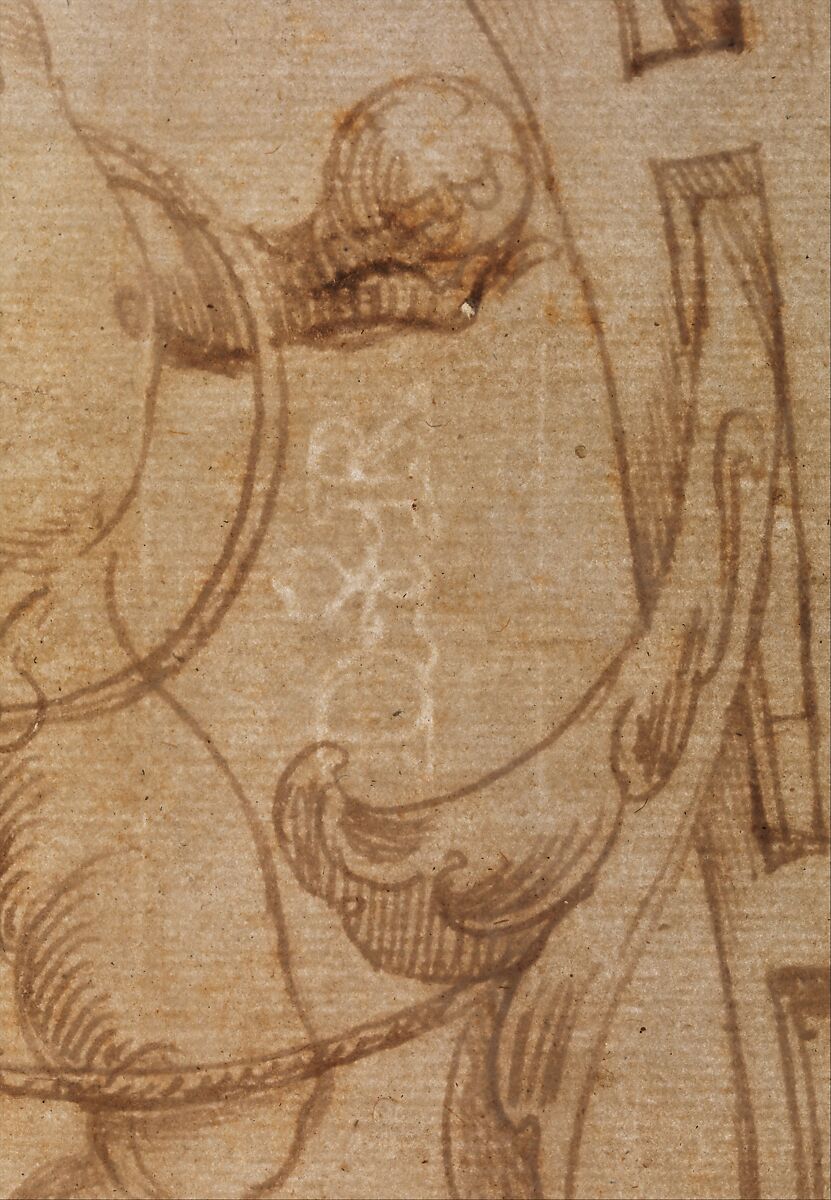Fragment of a Grotesque Decoration with a Term and Putto, attributed to Andrés de Melgar (Spanish, documented S. Domingo de la Calzada, died after 1554), Pen and dark brown ink, and some brush and brown wash (recto); pen and dark brown ink with brush and brown wash, over black chalk (verso)