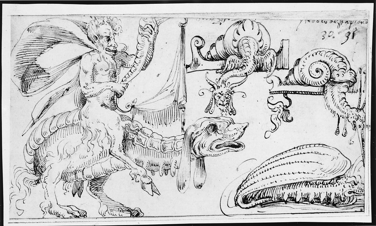 Satyr riding a fantastical creature, snail-like creatures, ? attributed to Andrés de Melgar (Spanish, documented S. Domingo de la Calzada, died after 1554), Pen and brown ink over black chalk