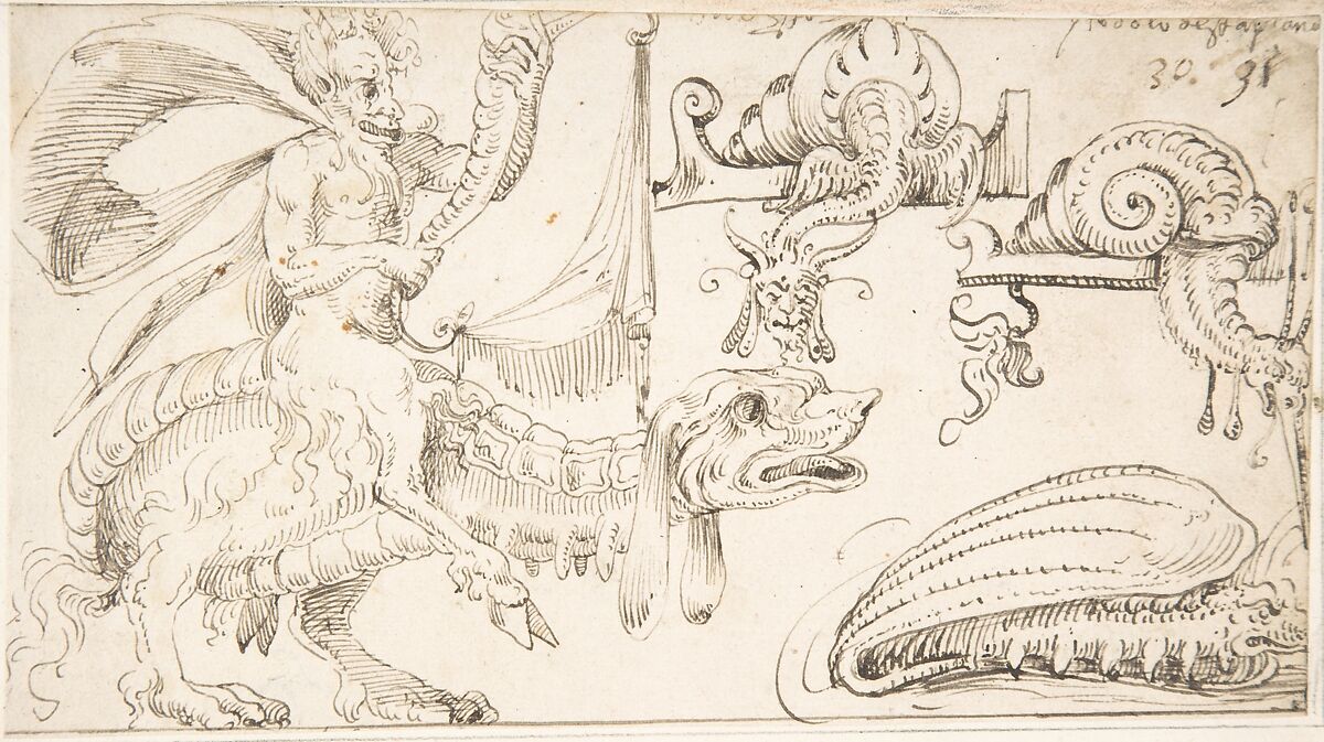 Satyr riding a fantastical creature, snail-like creatures, ? attributed to Andrés de Melgar (Spanish, documented S. Domingo de la Calzada, died after 1554), Pen and brown ink over traces of black chalk 