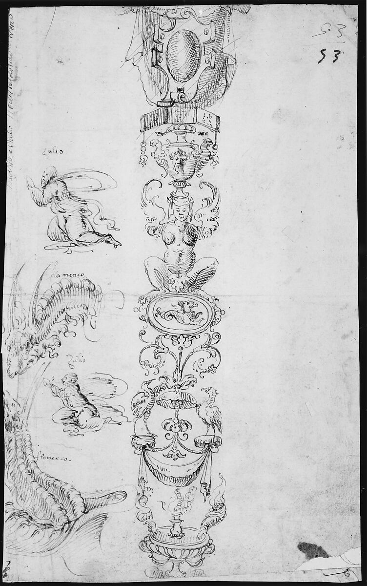 Candelabra grotesque and studies of kneeling figures (recto); two sphinxes (verso), ? attributed to Andrés de Melgar (Spanish, documented S. Domingo de la Calzada, died after 1554), Pen and brown ink