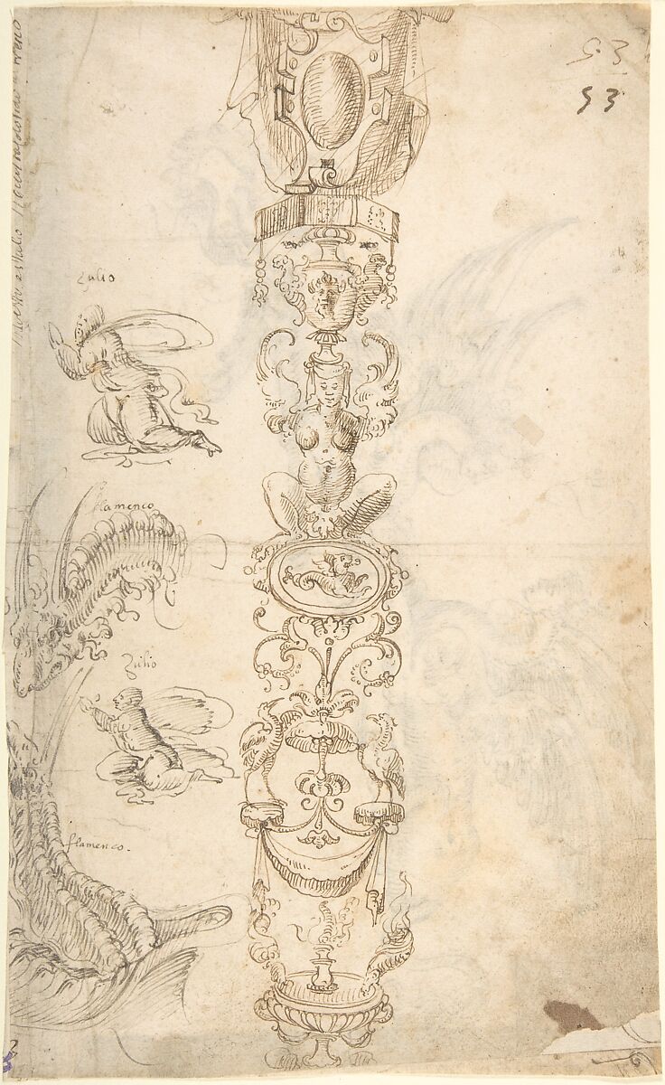 Candelabra grotesque and studies of kneeling figures (recto); two sphinxes (verso), ? attributed to Andrés de Melgar (Spanish, documented S. Domingo de la Calzada, died after 1554), Pen and brown ink 