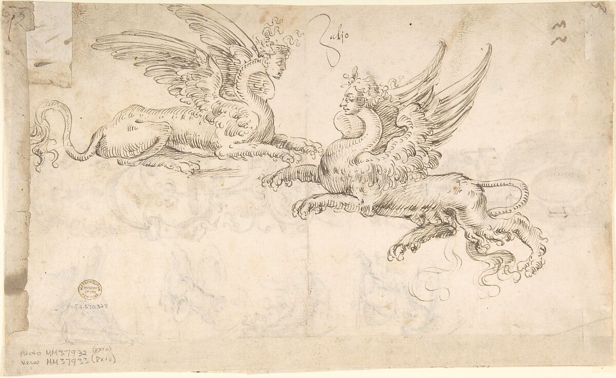 Candelabra grotesque and studies of kneeling figures (recto); two sphinxes (verso), ? attributed to Andrés de Melgar (Spanish, documented S. Domingo de la Calzada, died after 1554), Pen and brown ink